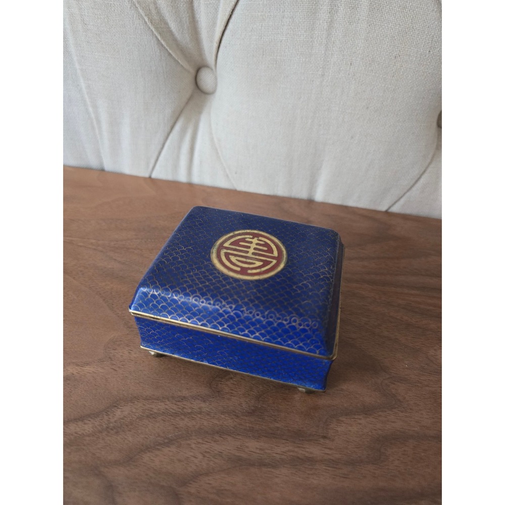 Vintage Chinese blue cloisonné enamel trinket box - Picture 2 of 5